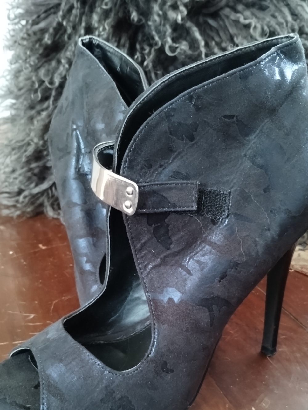 Fergie Blue Metallic Cutout High Heel Booties with Silver Accent